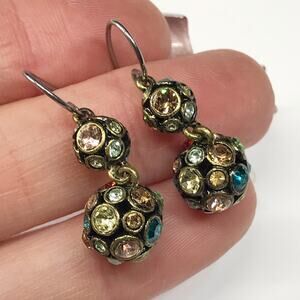 Multi Colored Rhinestone Encrusted Pave Double Ball Drop Earrings Retro 3D